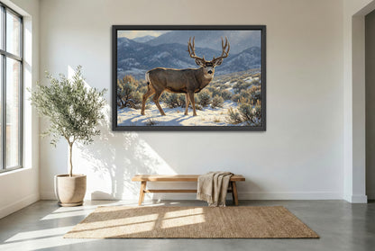 black floating framed canvas print featuring a mule deer buck in the snow dusted sage flats of winter