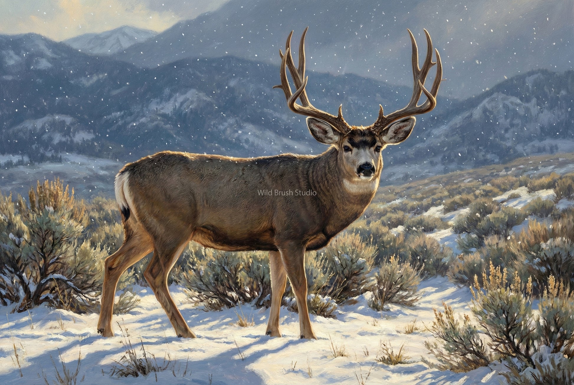 mule deer buck in the snow dusted sage flats of winter oil painting paper art print