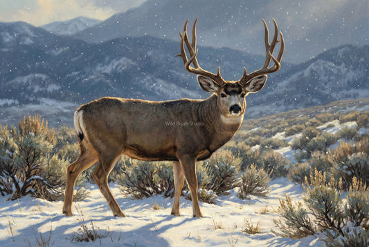 mule deer buck in the snow dusted sage flats of winter oil painting paper art print