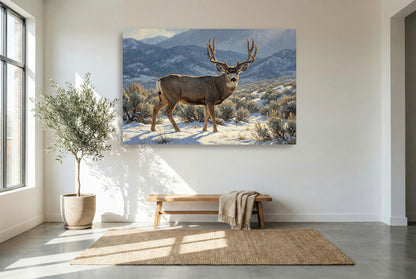 gallery wrapped canvas wildlife wall art of a mule deer buck in the snow dusted sage flats of winter