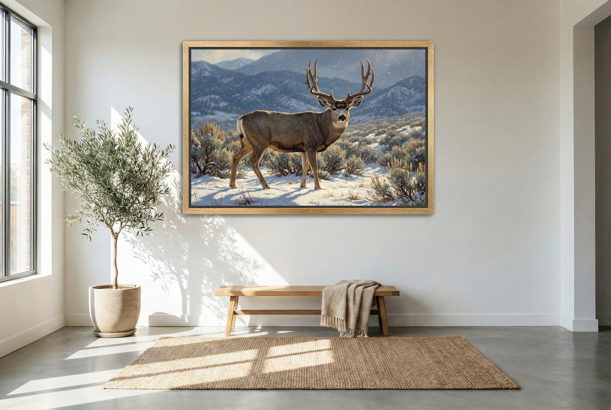gold floating framed canvas trophy room art of a mule deer buck in the snow dusted sage flats of winter