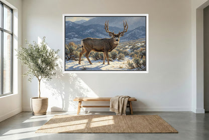 white floating framed canvas art of a mule deer buck in the snow dusted sage flats of winter