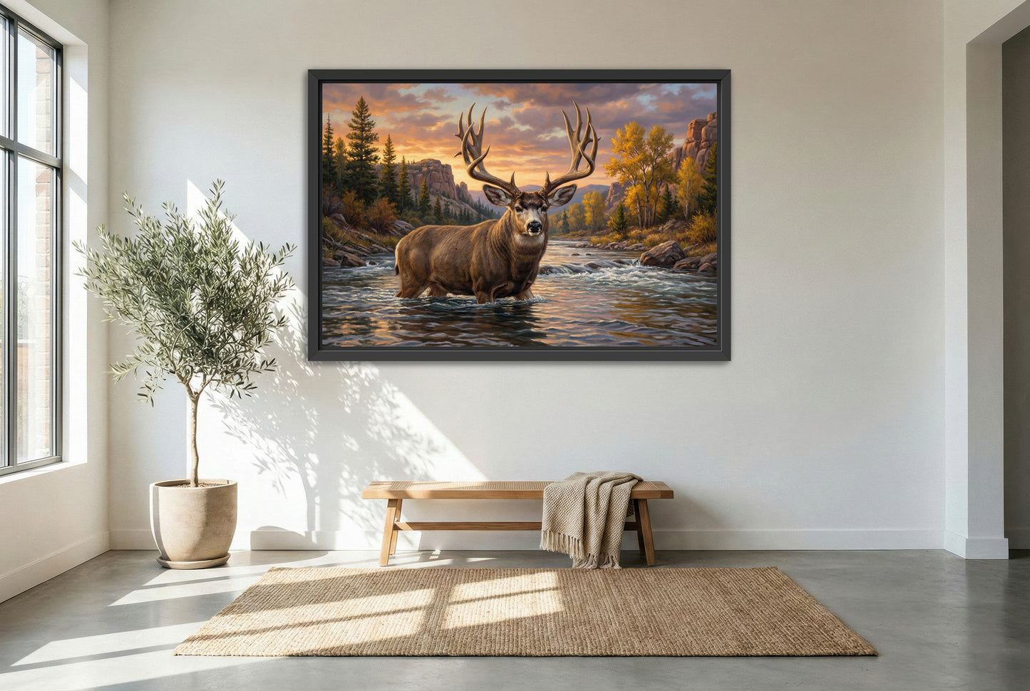 black floating framed canvas print featuring of a mule deer buck river crossing into the deep