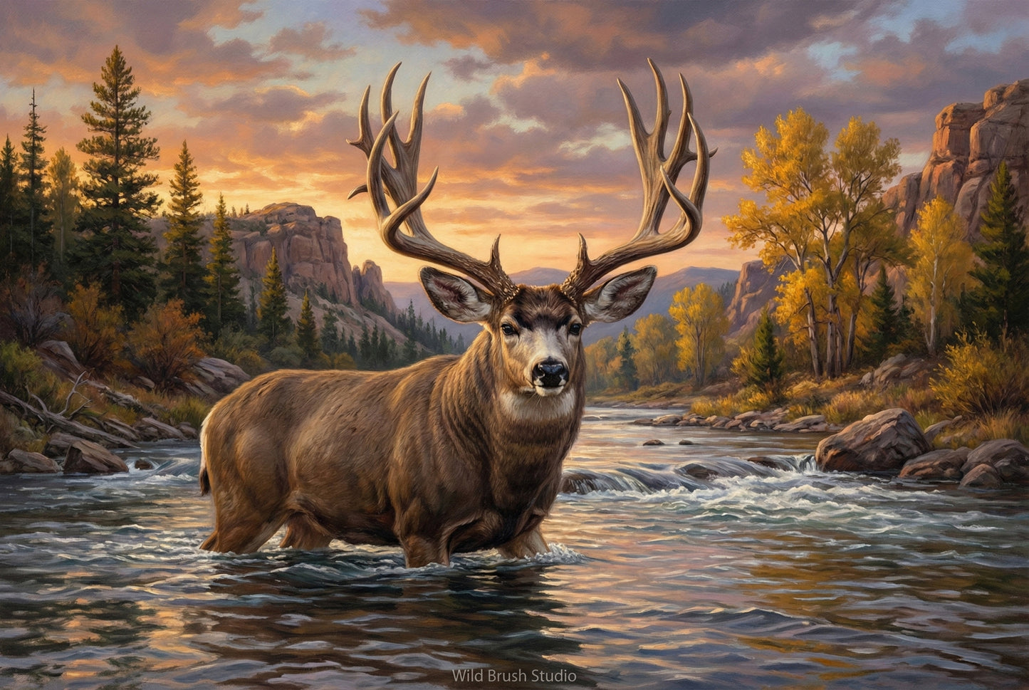 mule deer buck river crossing into the deep oil painting paper art print