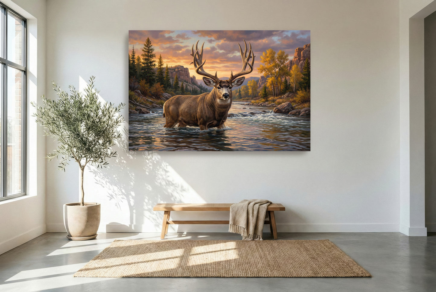 gallery wrapped canvas wildlife wall art of a mule deer buck river crossing into the deep