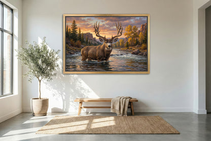 gold floating framed canvas trophy room art of a mule deer buck river crossing into the deep