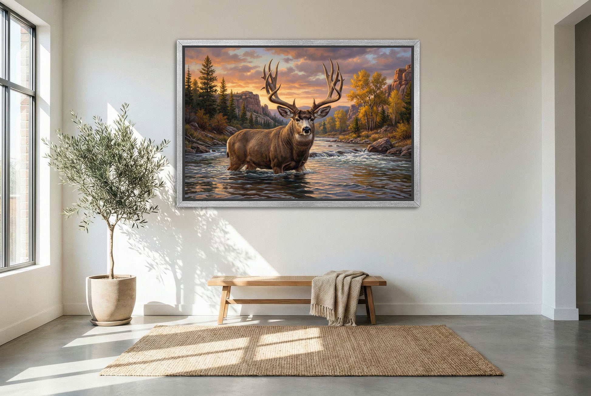 silver floating framed canvas big game artwork of a mule deer buck river crossing into the deep