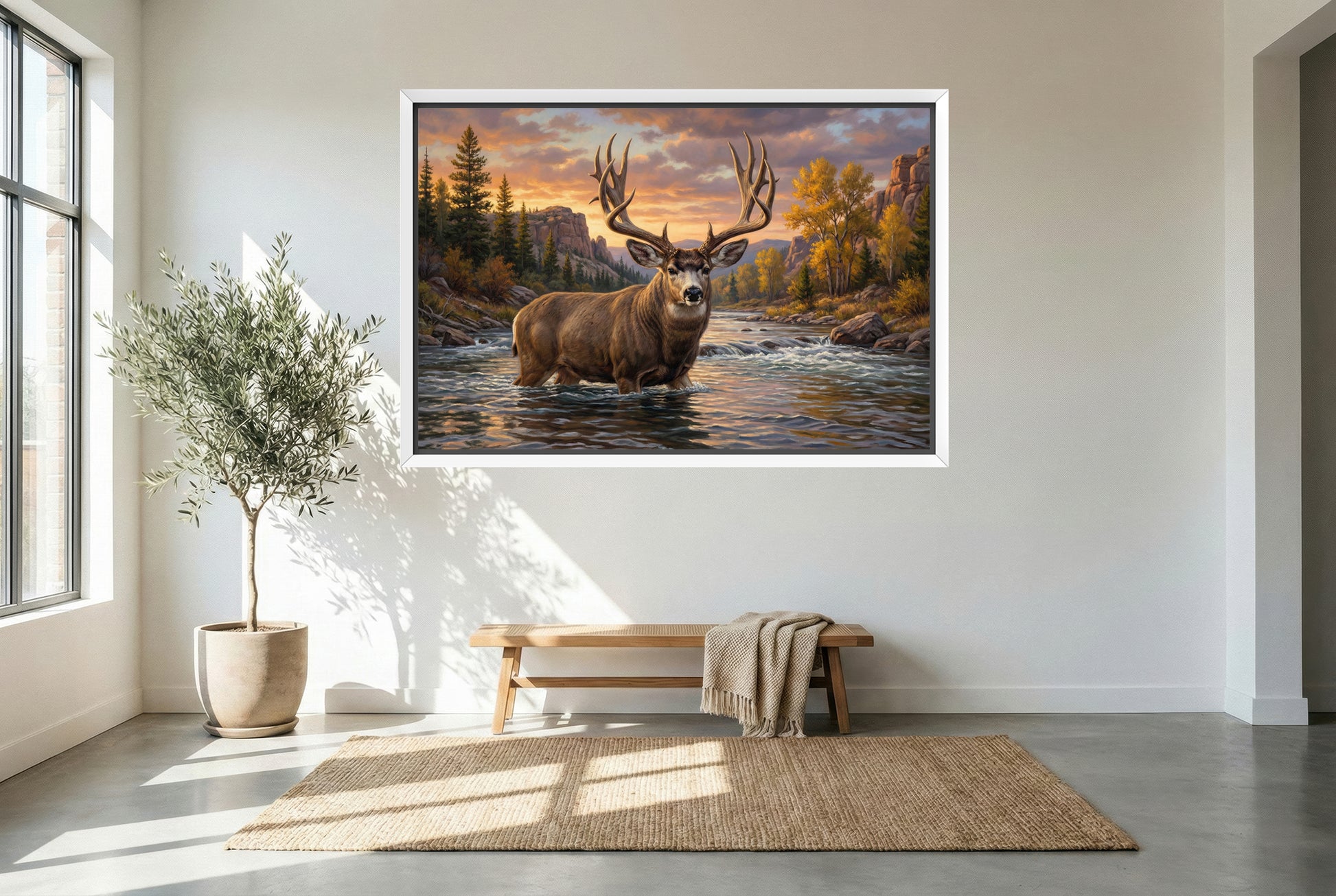 white floating framed canvas art of a mule deer buck river crossing into the deep