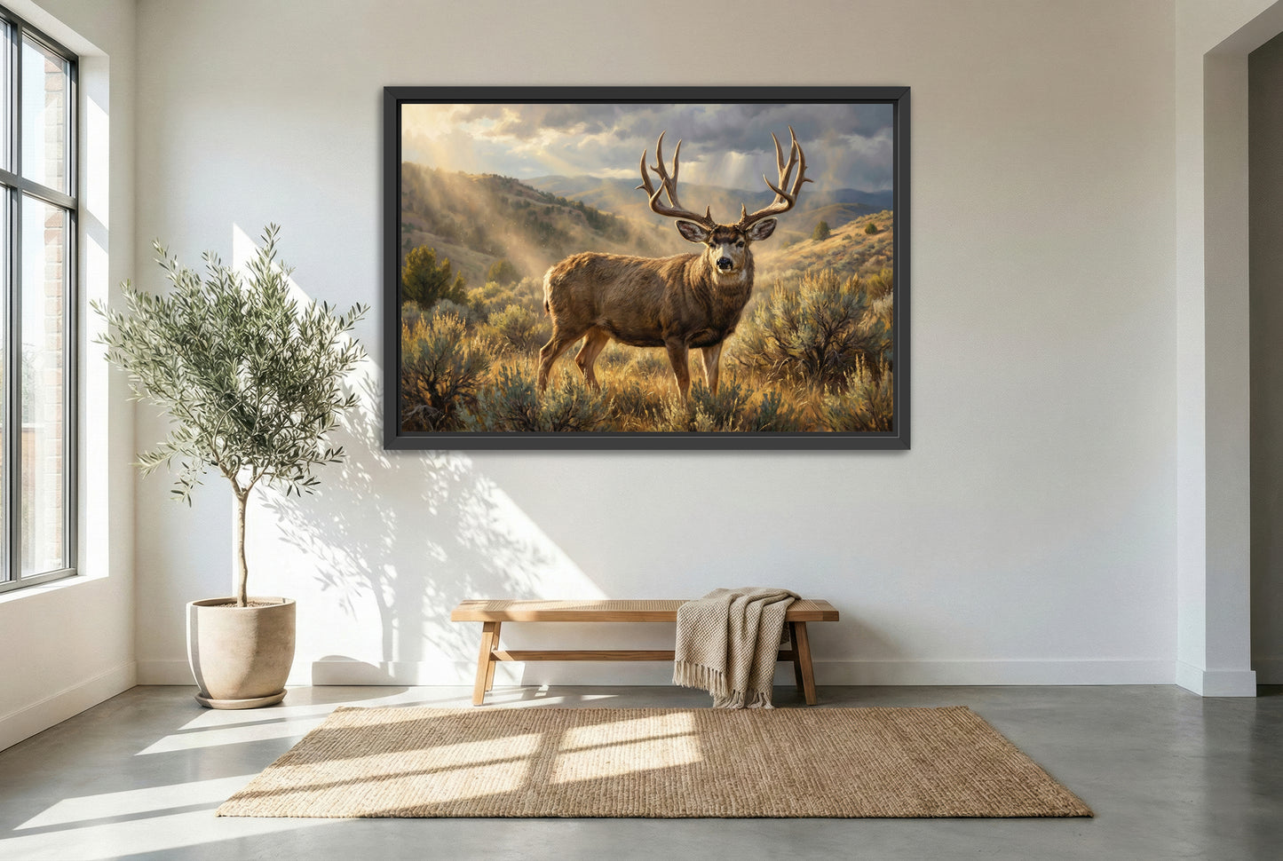 black floating framed canvas print featuring a mule deer buck shaking off dust from bed in the rolling foothills