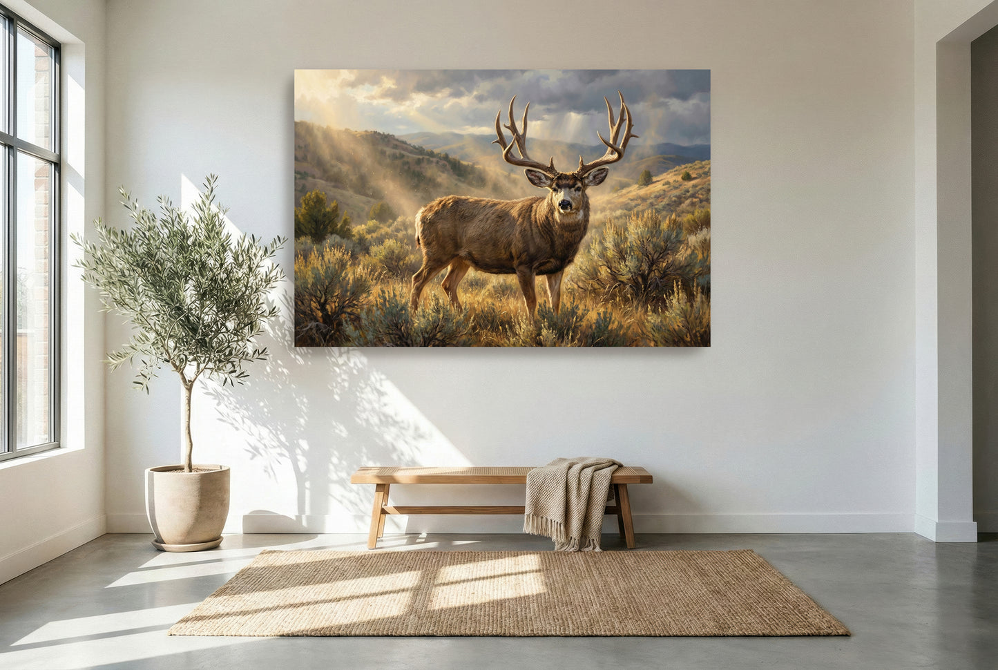 gallery wrapped canvas wildlife wall art of a mule deer buck shaking off dust from bed in the rolling foothills