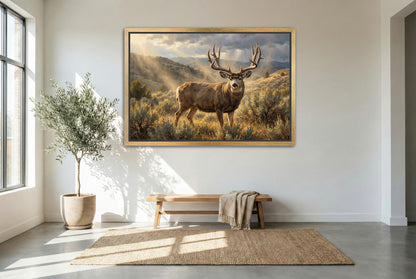gold floating framed canvas trophy room art of a mule deer buck shaking off dust from bed in the rolling foothills