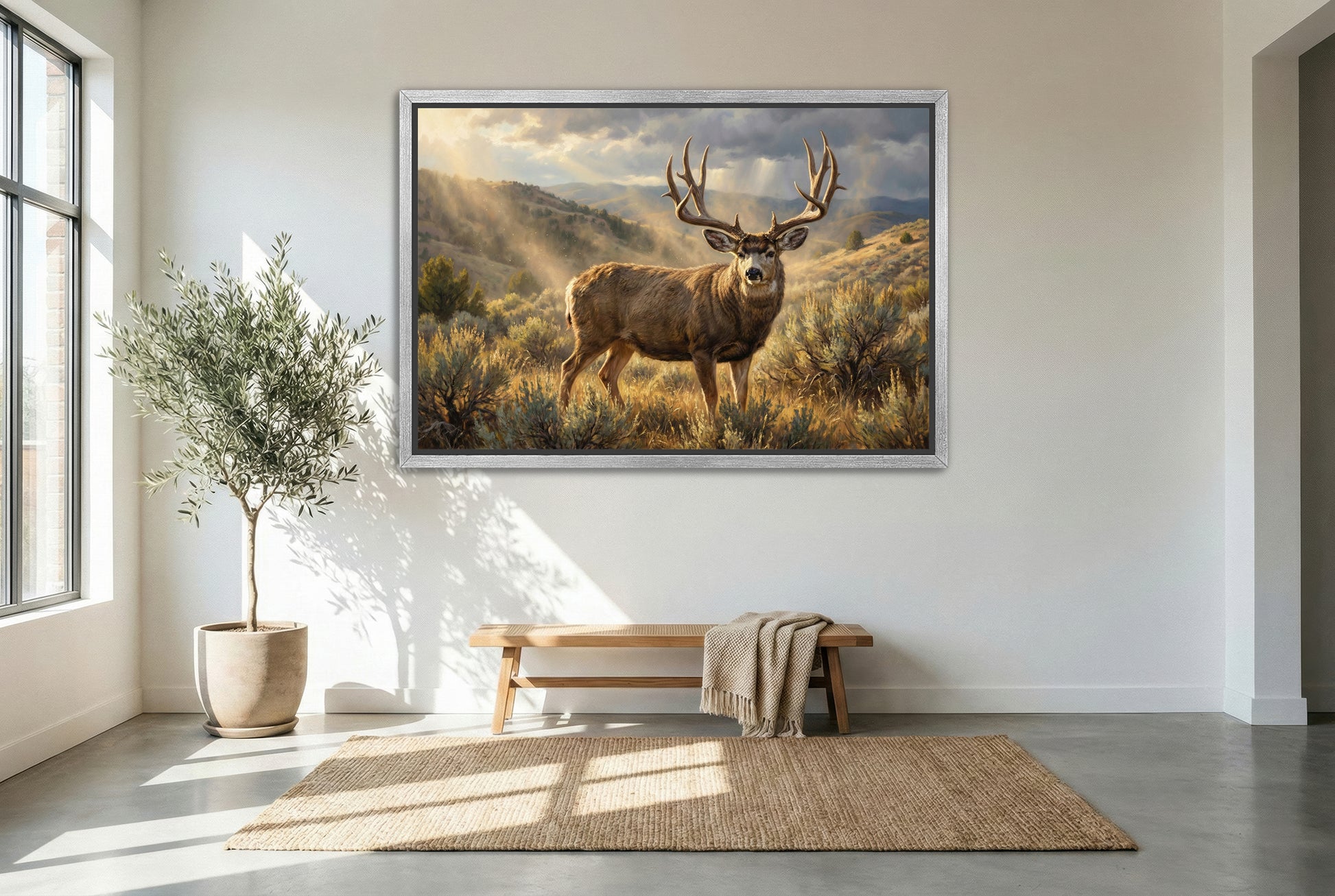 silver floating framed canvas big game artwork of a mule deer buck shaking off dust from bed in the rolling foothills