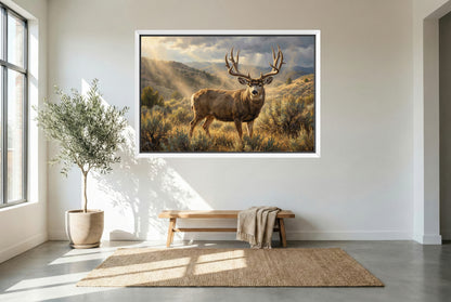 white floating framed canvas art of a mule deer buck shaking off dust from bed in the rolling foothills