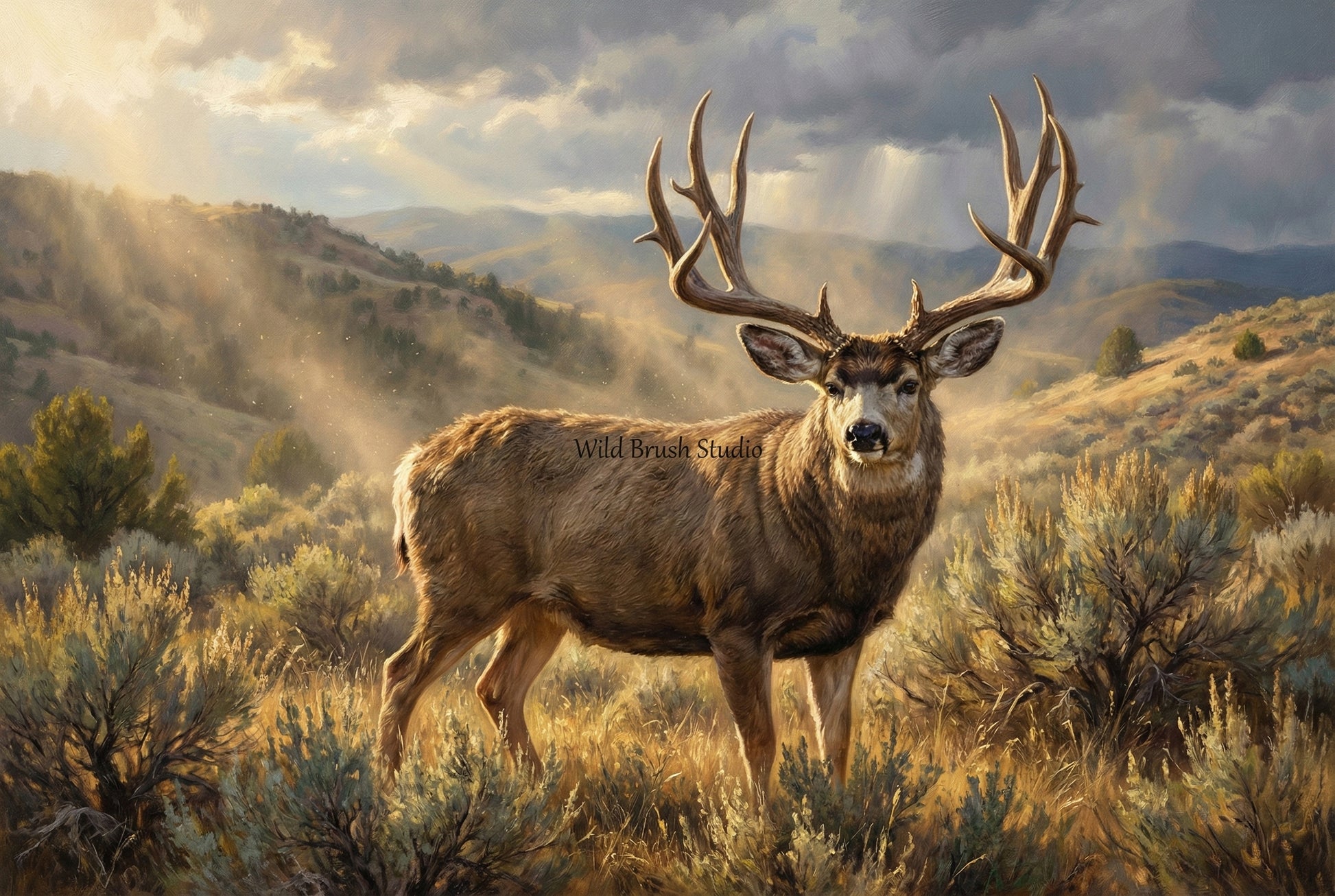 mule deer buck shakes off dust from bed in the rolling foothills oil painting paper art print