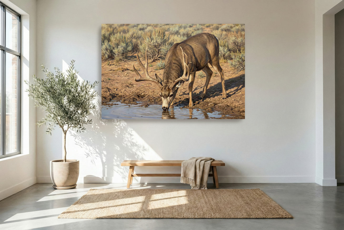 gallery wrapped canvas wildlife wall art of a mule deer buck up close at the water hole