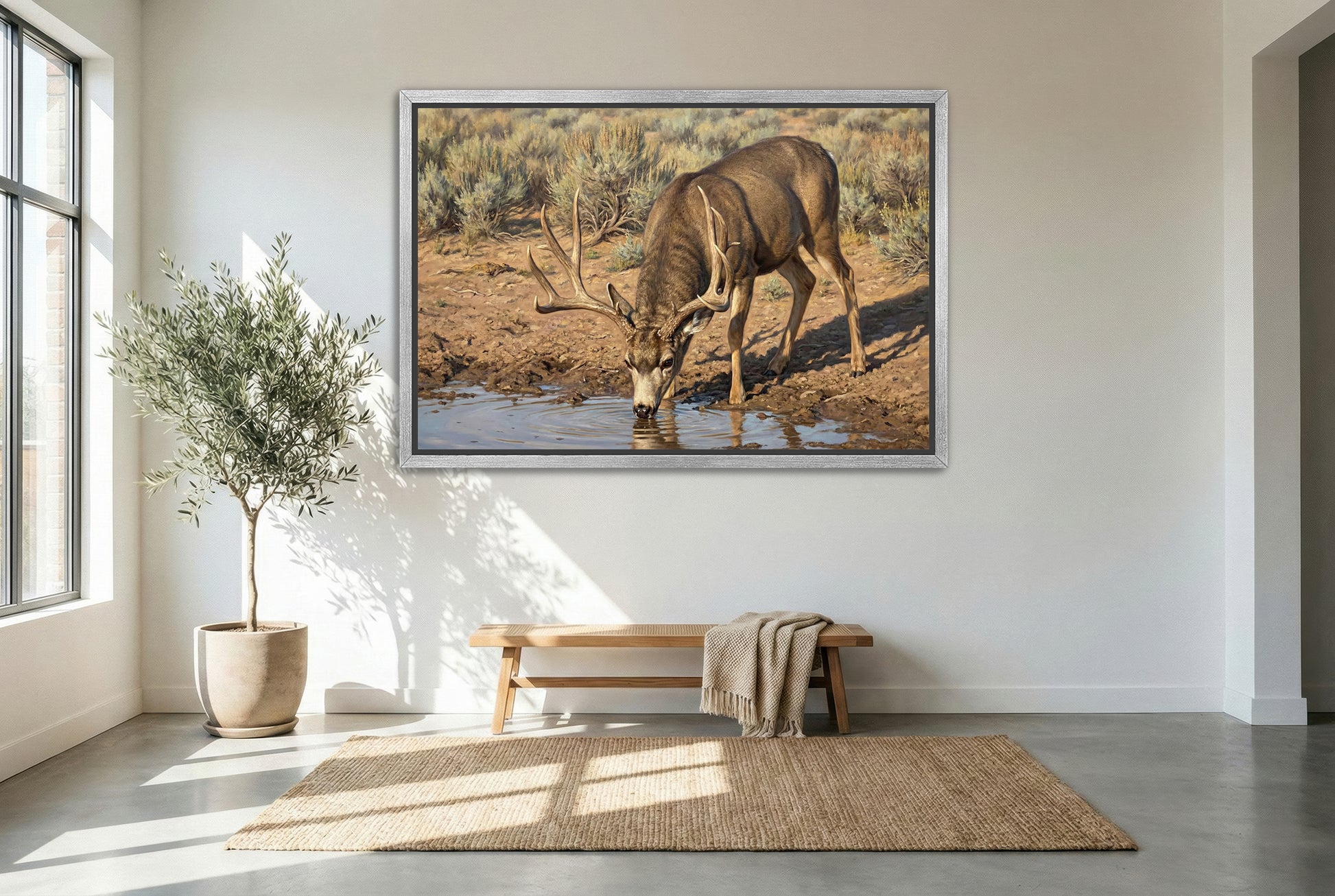 silver floating framed canvas big game artwork of a mule deer buck up close at the water hole