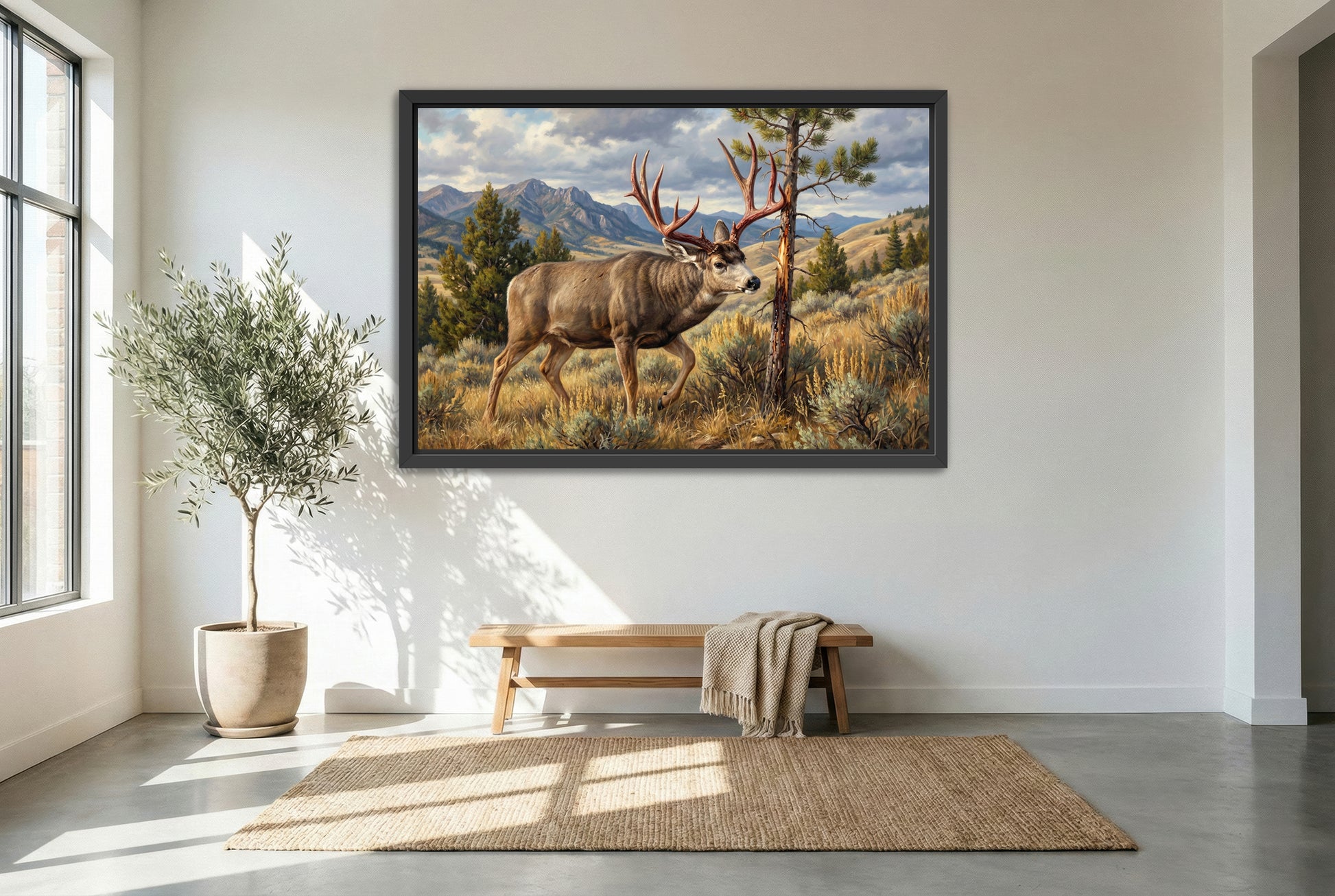 black floating framed canvas print featuring a mule deer fresh out of velvet red antler rub