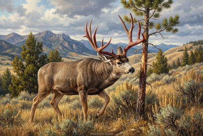 mule deer fresh out of velvet red antler rub oil painting paper art print