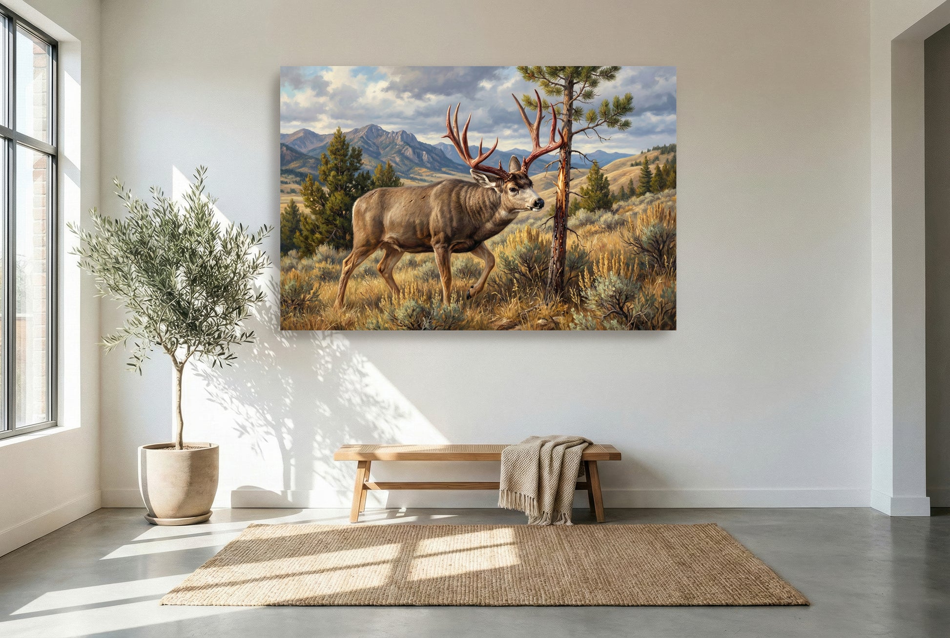 gallery wrapped canvas wildlife wall art of a mule deer fresh out of velvet red antler rub