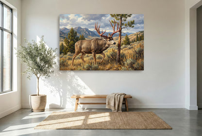 gallery wrapped canvas wildlife wall art of a mule deer fresh out of velvet red antler rub
