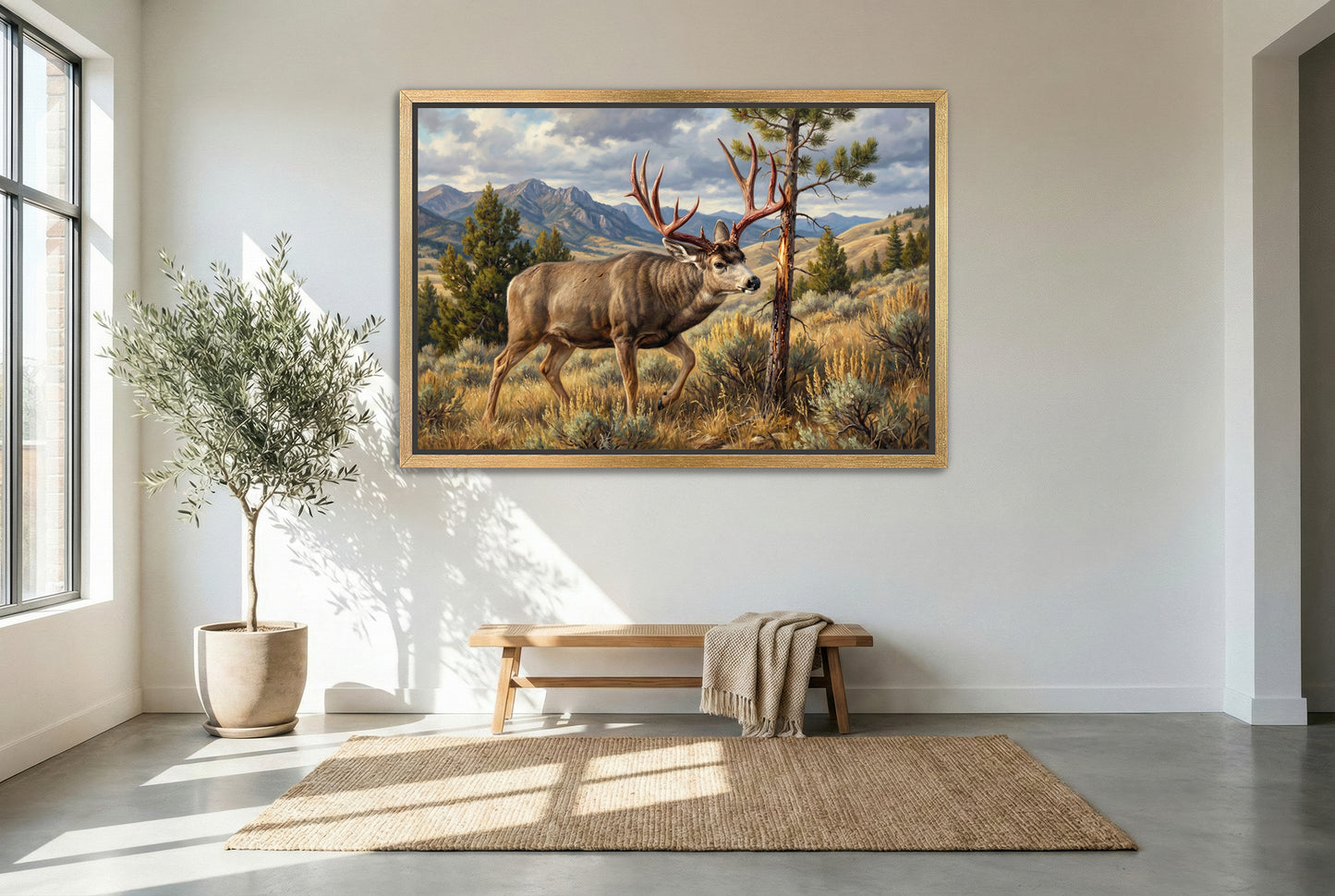 gold floating framed canvas trophy room art of a mule deer fresh out of velvet red antler rub