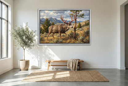 silver floating framed canvas big game artwork of a mule deer fresh out of velvet red antler rub