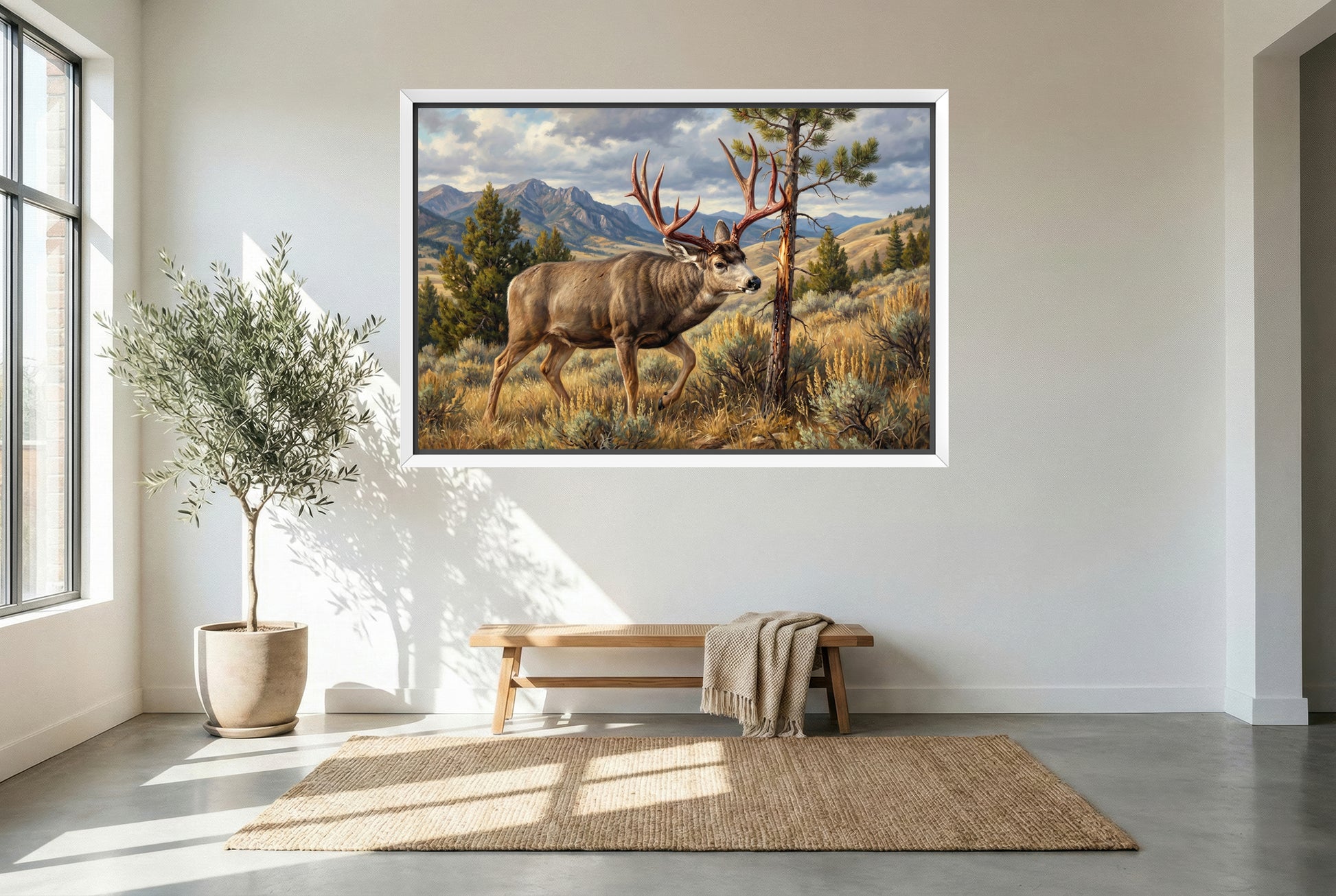 white floating framed canvas art of a mule deer fresh out of velvet red antler rub