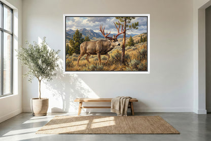 white floating framed canvas art of a mule deer fresh out of velvet red antler rub