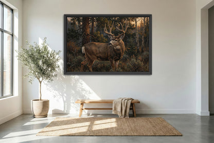 black floating framed canvas print featuring a mule deer shoulder turn last glance low light