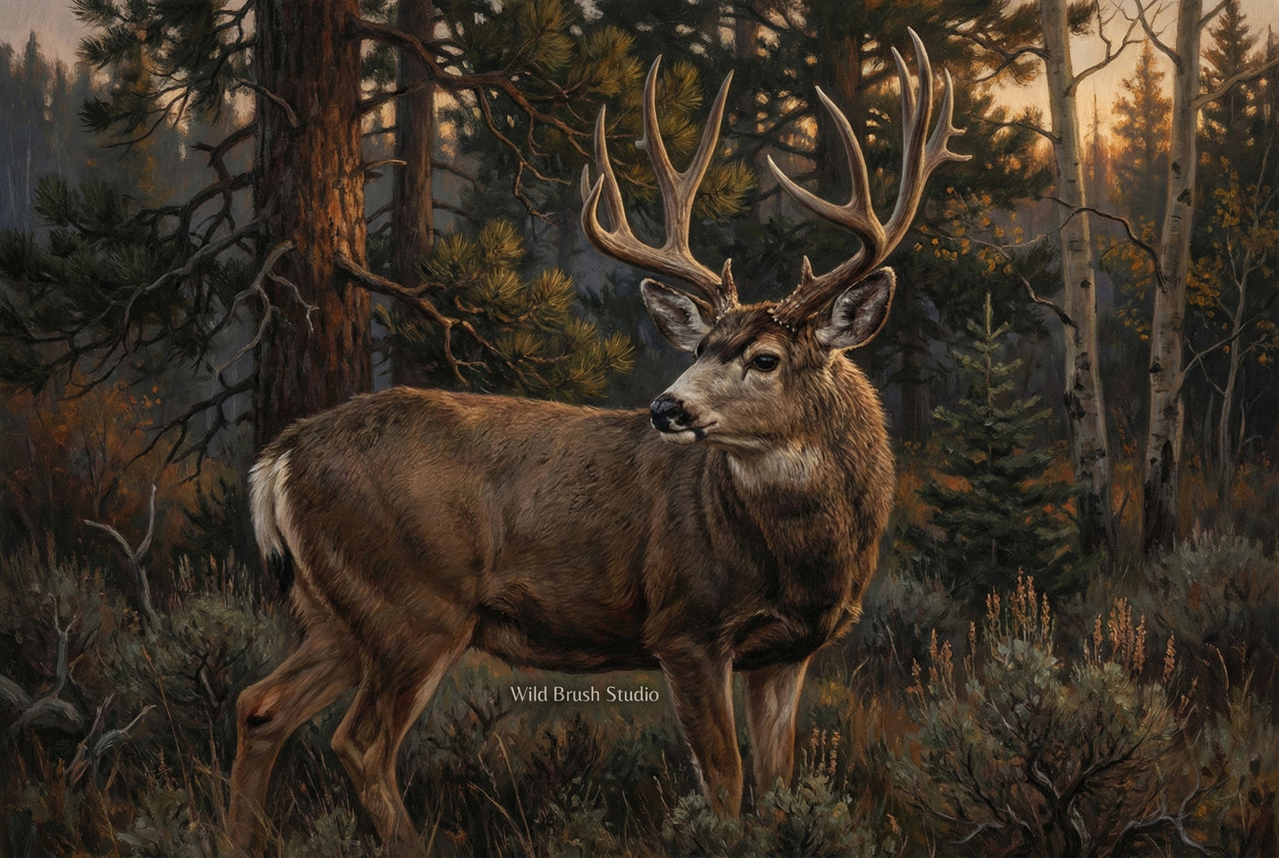 mule deer shoulder turn last glance low light oil painting paper art print