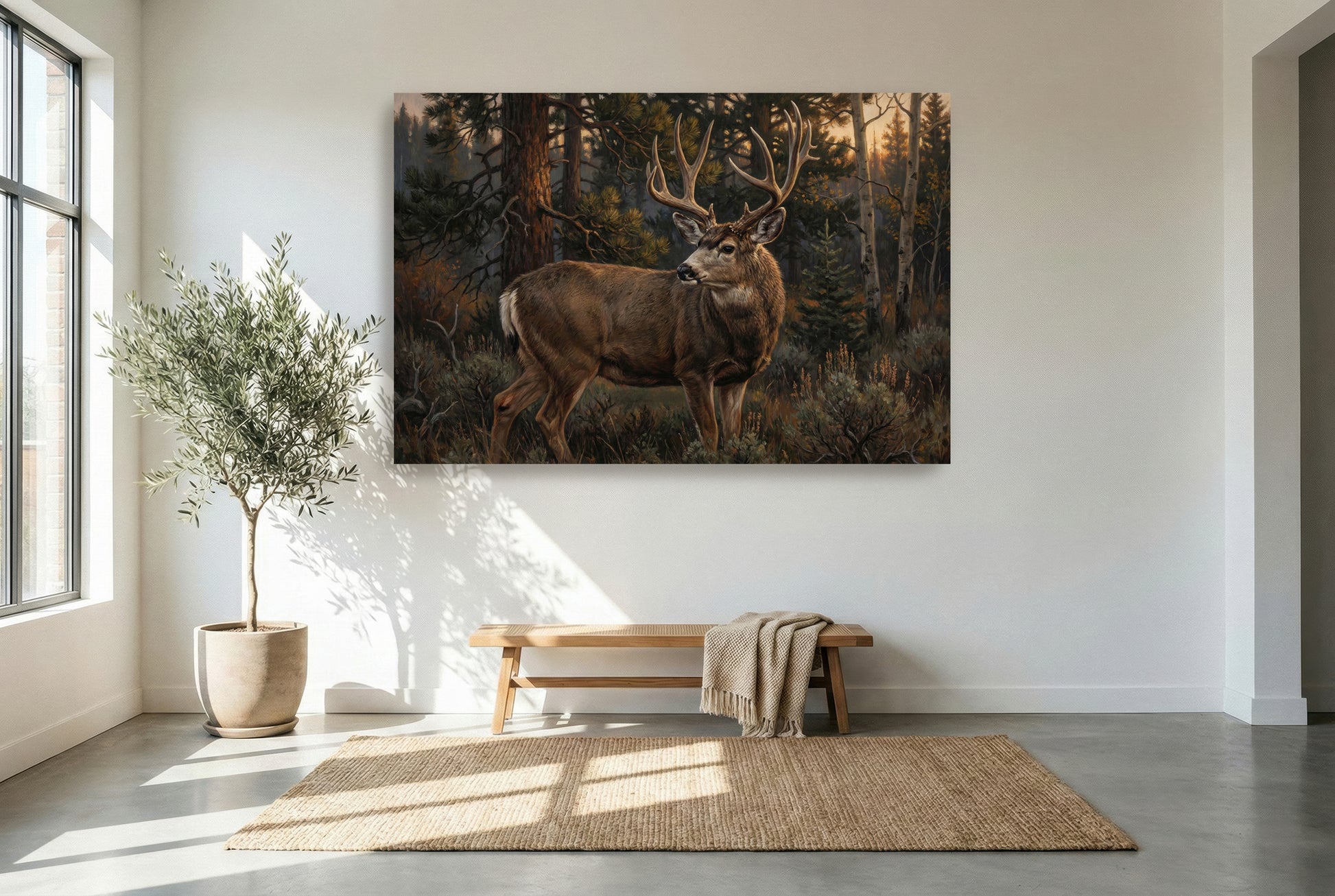 gallery wrapped canvas wildlife wall art of a mule deer shoulder turn last glance low light