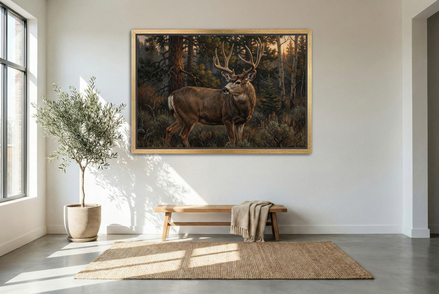 gold floating framed canvas trophy room art of a mule deer shoulder turn last glance low light