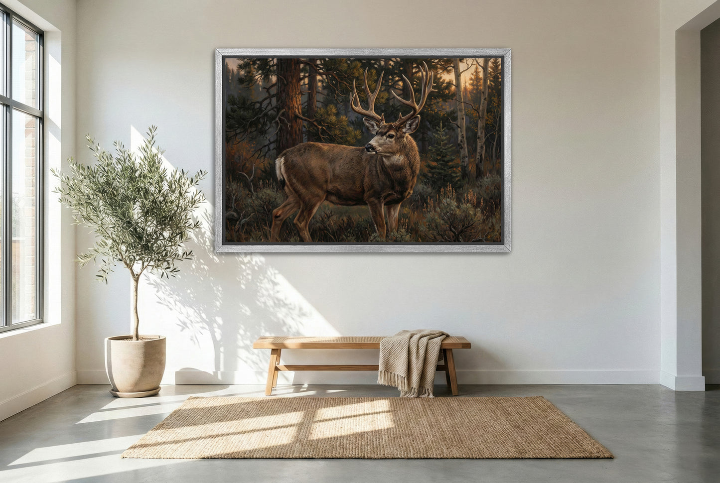 silver floating framed canvas big game artwork of a mule deer shoulder turn last glance low light