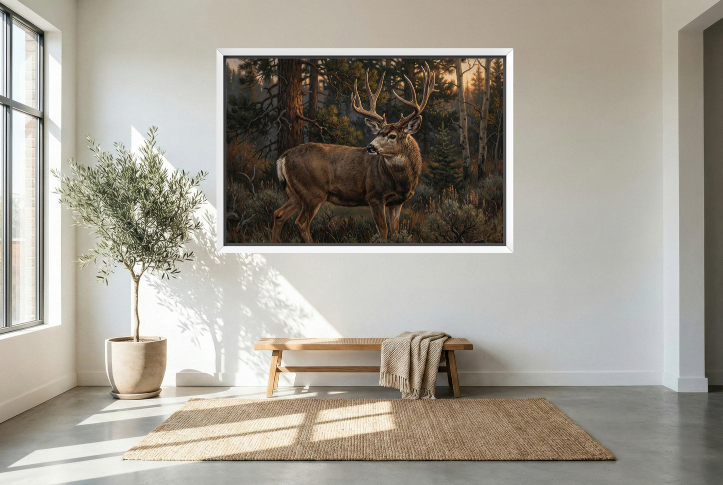white floating framed canvas art of a mule deer shoulder turn last glance low light