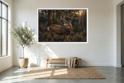 white floating framed canvas art of a mule deer shoulder turn last glance low light