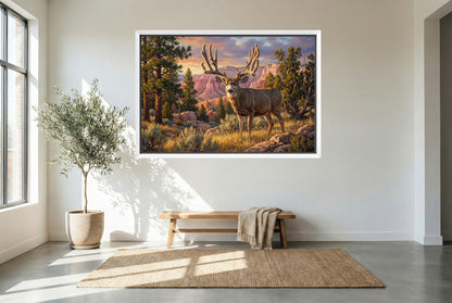 White floating framed canvas art of a muley crazy magazine cover buck for modern hunting home decor
