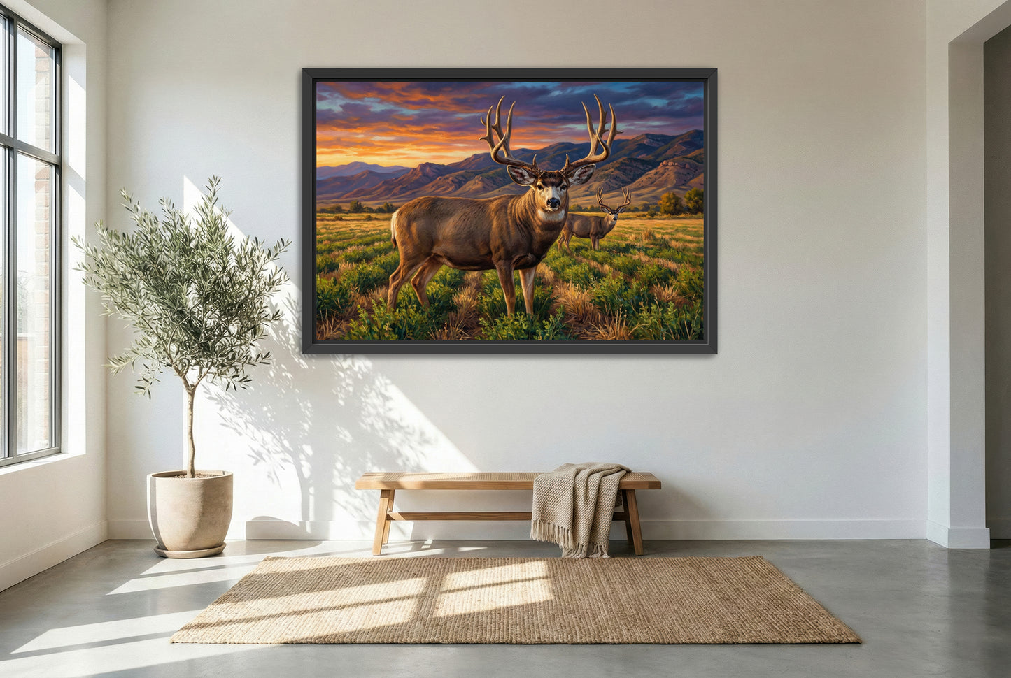 black floating framed canvas print featuring some farm fields to attract big mule deer