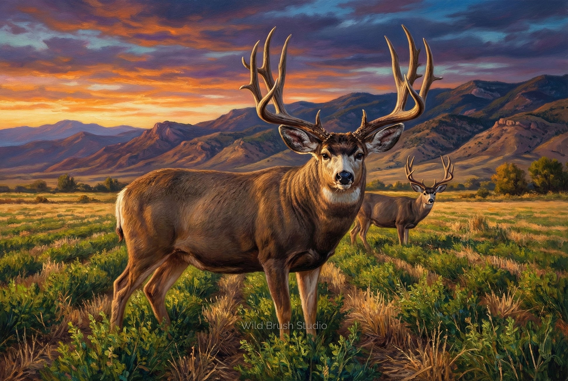 nothing like some farm fields to attract big mule deer oil painting paper art print