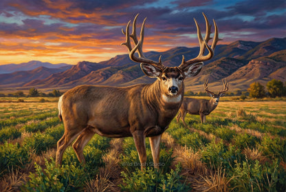 nothing like some farm fields to attract big mule deer oil painting paper art print