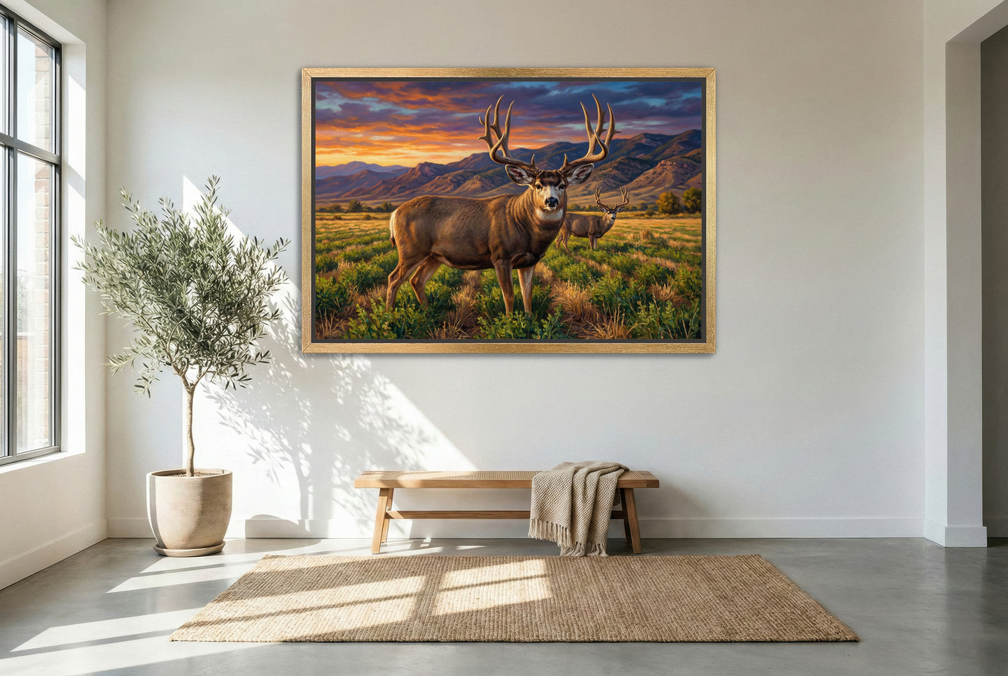 gold floating framed canvas trophy room art of some farm fields to attract big mule deer