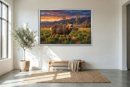 silver floating framed canvas big game artwork of some farm fields to attract big mule deer