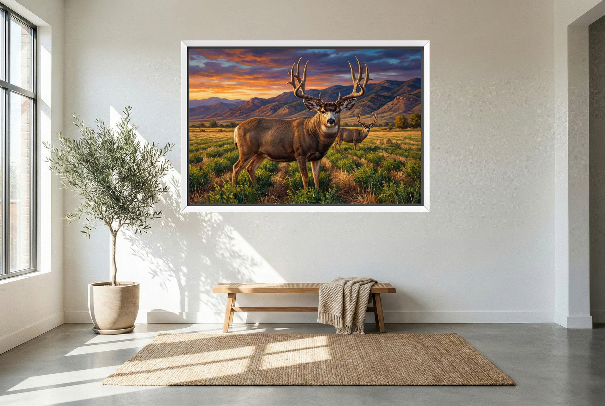 white floating framed canvas art of some farm fields to attract big mule deer