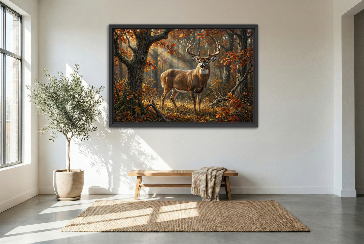 black floating framed canvas print featuring a oak ridge whitetail buck in october