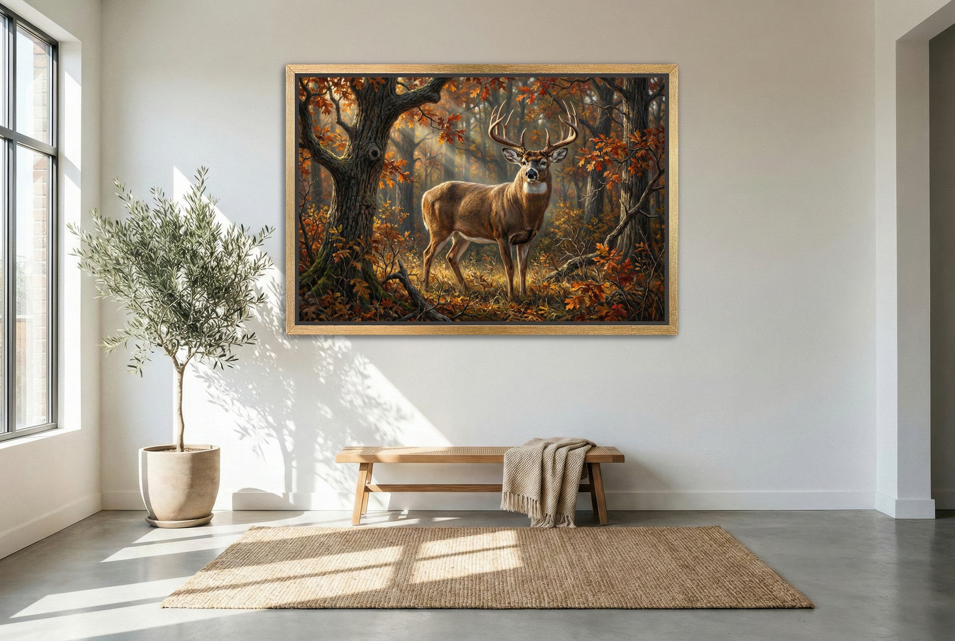 gold floating framed canvas trophy room art of a oak ridge whitetail buck in october