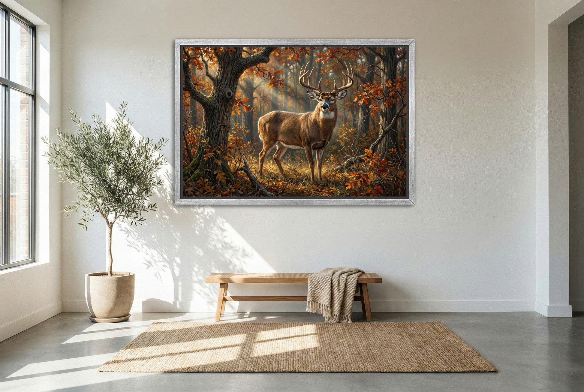 silver floating framed canvas big game artwork of a oak ridge whitetail buck in october
