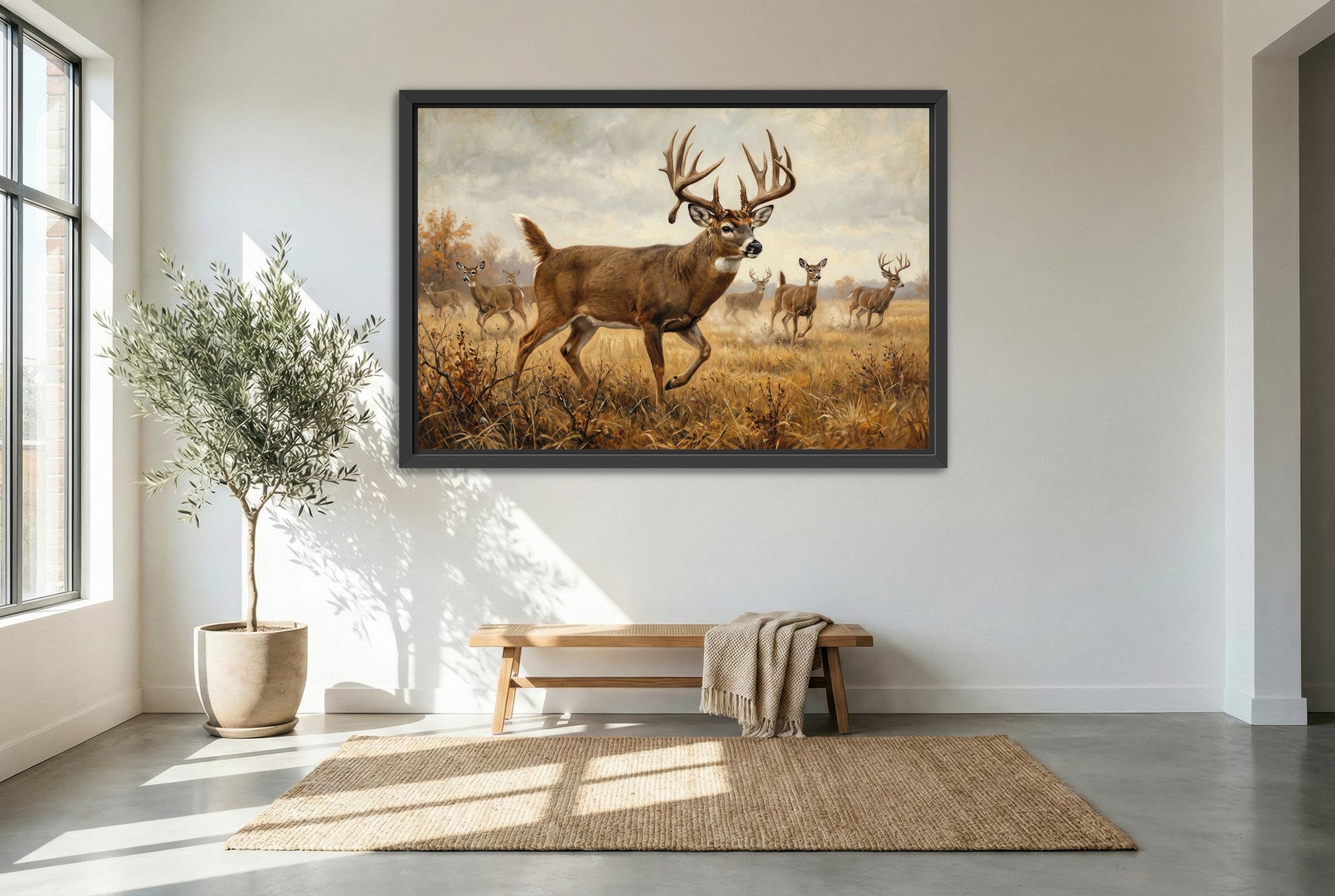 black floating framed canvas print featuring alert whitetail deer busted from the bedding area