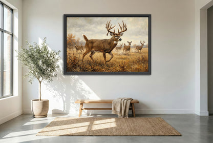 black floating framed canvas print featuring alert whitetail deer busted from the bedding area
