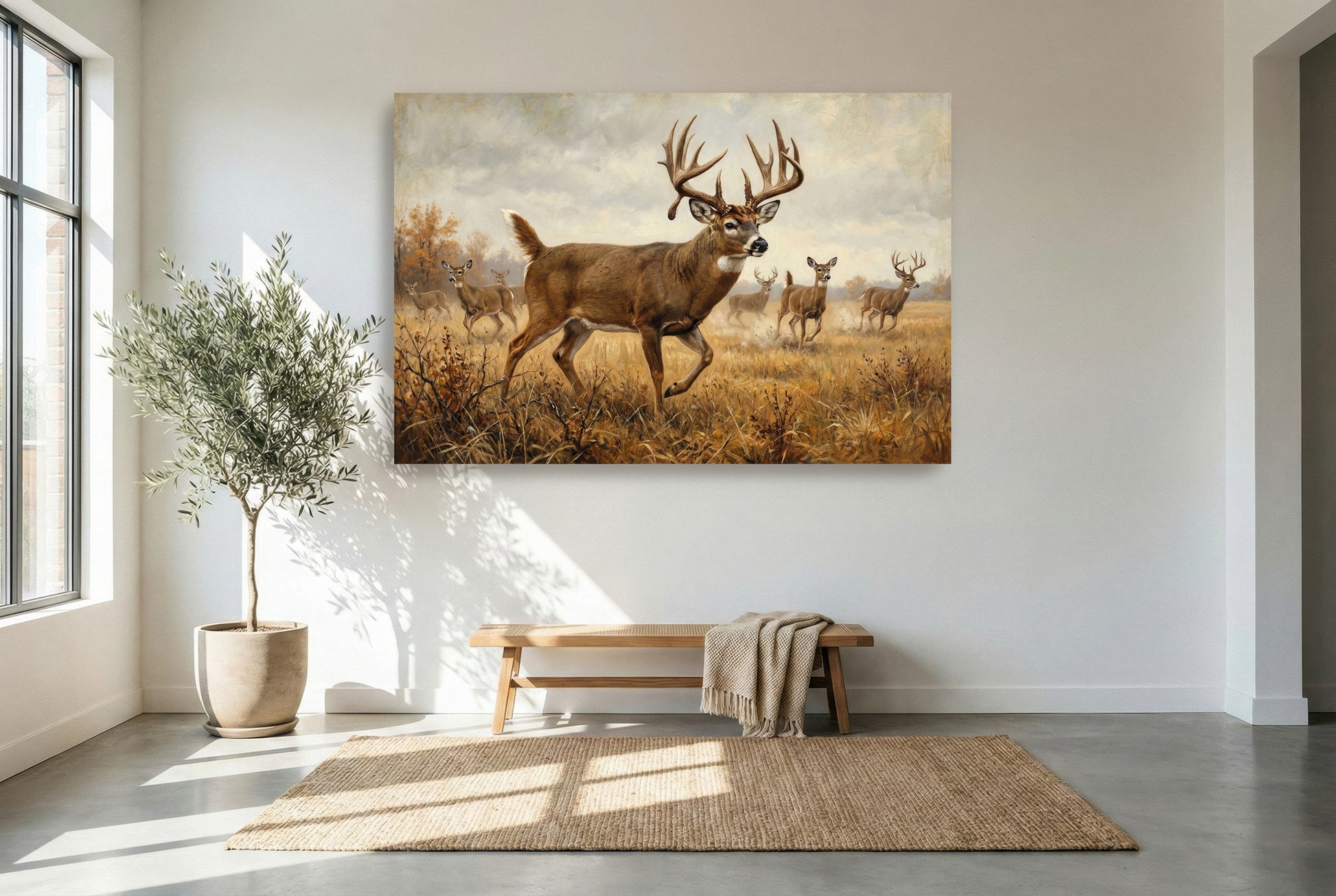 gallery wrapped canvas wildlife wall art of alert whitetail deer busted from the bedding area