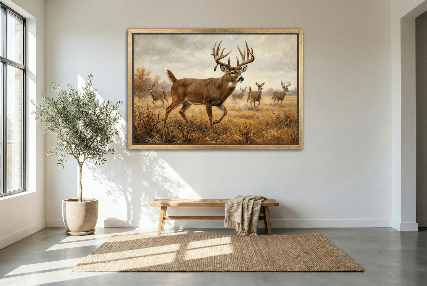 gold floating framed canvas trophy room art of alert whitetail deer busted from the bedding area