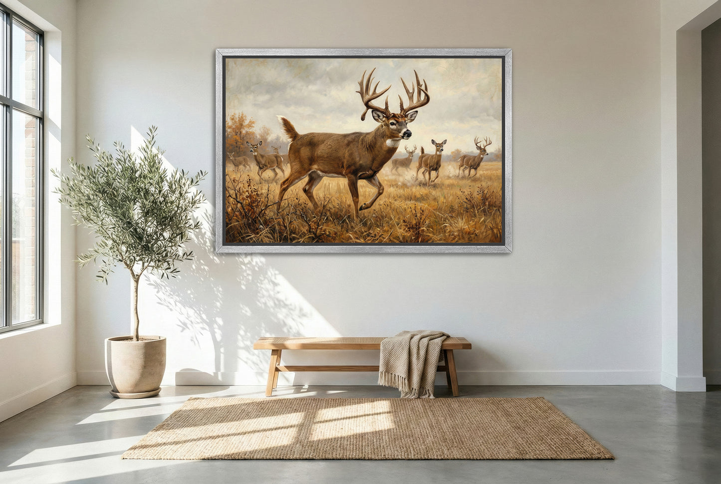 silver floating framed canvas big game artwork of alert whitetail deer busted from the bedding area